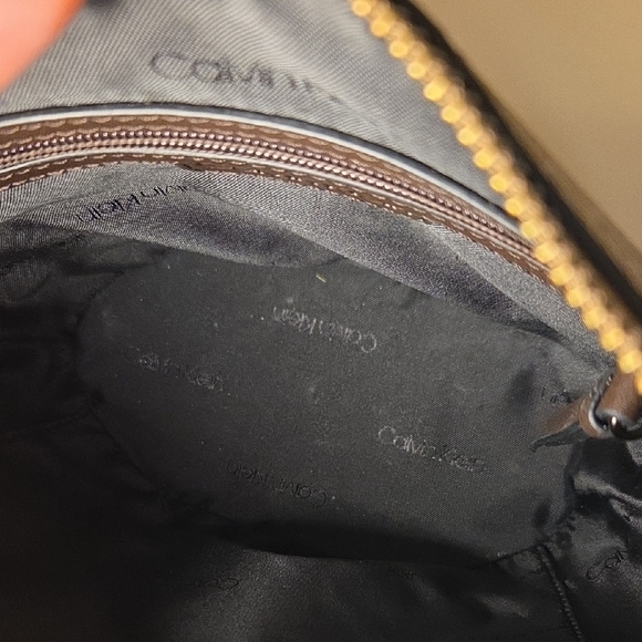 Calvin Klein CK Monogram Mini Shoulder Bag Brown Logo Zip Pouch Purse - Picture 6 of 8